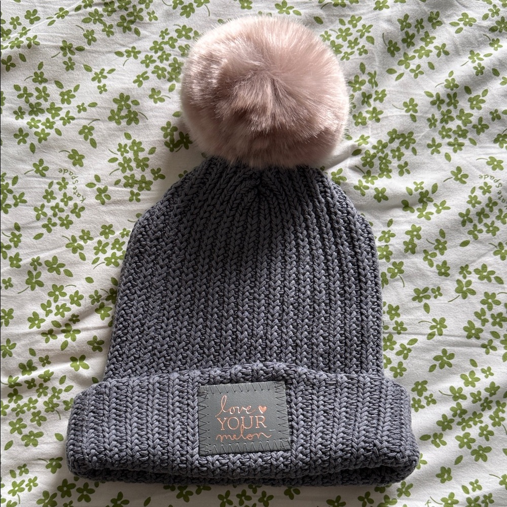 Love Your Melon Charcoal Beanie with Blush Pom